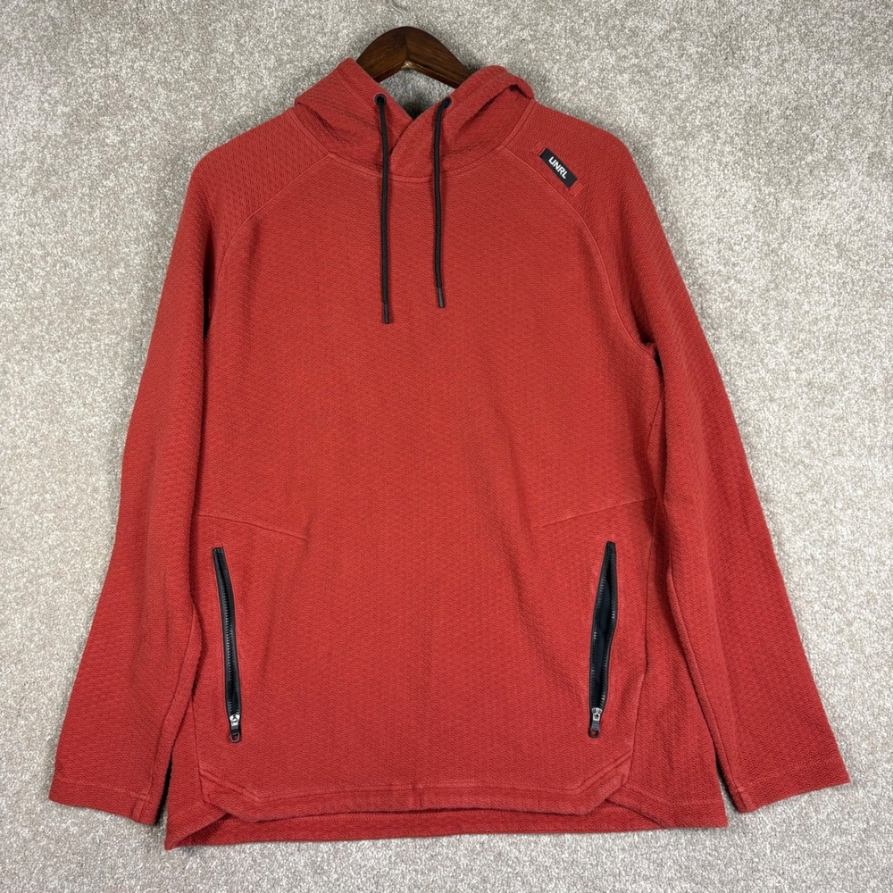 UNRL Men Crossover Hoodie Rust Red Textured Waffle Knit Pullover Size M